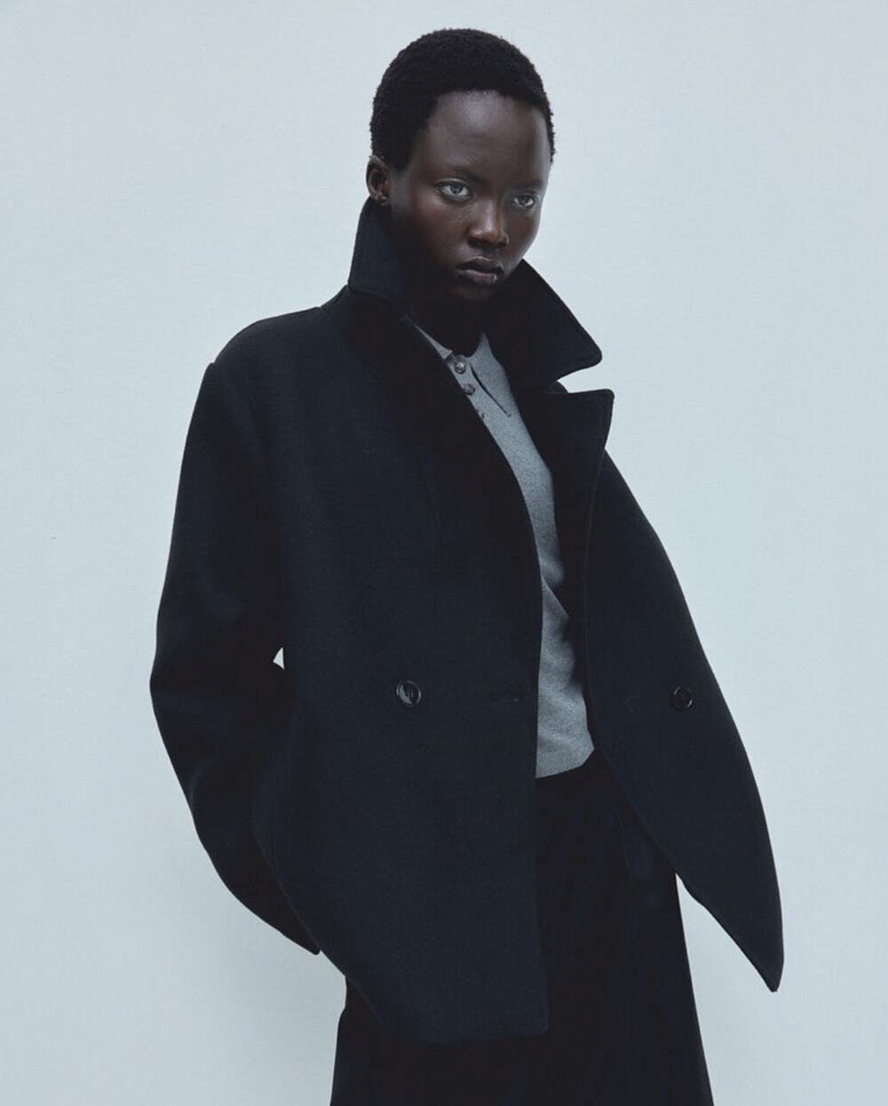 H&M HM Black Double-Breasted Short Peasant's Twill Jacket Pea Coat, size M